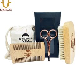 MOQ 100 Sets OEM Custom Logo Beard Kit Inclusief bordborstel Dubbele zijden Beuken Houtkam en Schaar met Personaliseer Bag Box