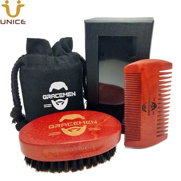 MOQ 100 Sets OEM LOGOTIPO personalizado Kit de aseo de bigote de barba de pelo de madera roja con caja de bolsa para cepillo de hombre y peine de dientes finos y anchos Juego de herramientas de barba