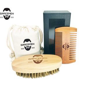 MOQ 100 juegos de kit de pelo/barba de madera con logotipo personalizado OEM con caja de bolsa para pelos de cabeza de barba y bigote de hombre-Juego de cepillo y peine