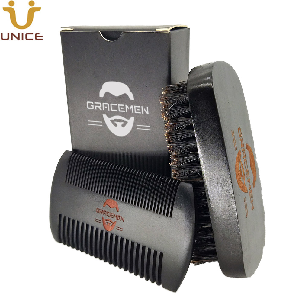 MOQ 100 Sets OEM Customize LOGO Hair Brush Beard Comb SetBlack Color Facial Grooming Kits with Custom Box for Man Beards Care Kit