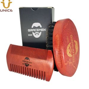 MOQ 100 Ensembles OEM Personnaliser LOGO Bois Rouge Poils Du Visage / Barbe Peigne Brosse Toilettage Outil Ensemble avec Boîte Personnalisée pour Homme Barbe Soins