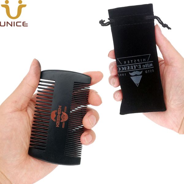 MOQ 100 Uds peine de barba de pelo negro para hombres en bolsa de regalo LOGO personalizado peines de madera de dientes gruesos finos para el cuidado de los hombres