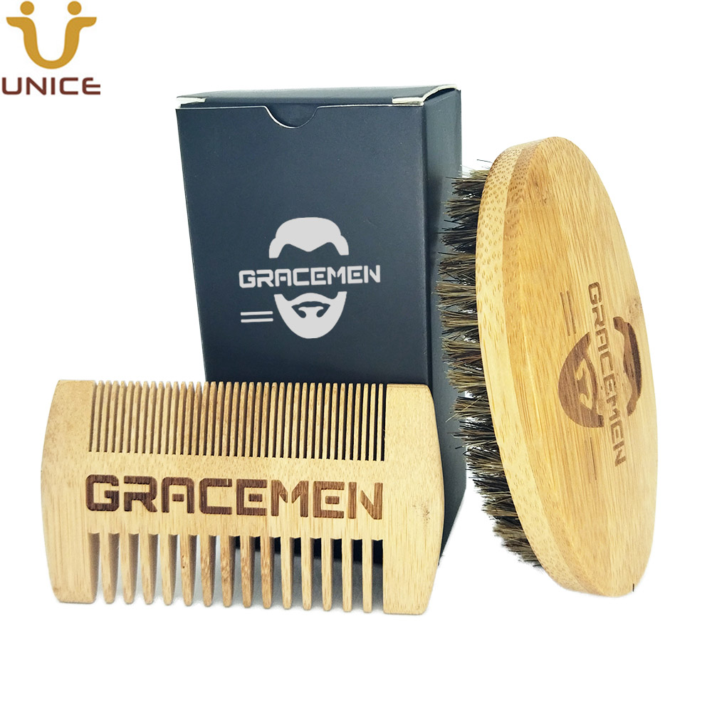 MOQ 100 Set Personalized LOGO Men Beard Kit for Face / Head Hair Mustache Bamboo Brush and Dual Sides Comb Sets With Custom Black Box