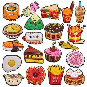 MOQ 20 Stuks PVC Cartoon Voedsel Taart Donut Luipaard Sushi Gebakken Kip Stinkende Tofu Schoen Charmes Onderdelen Accessoires Gesp Klomp Knoppen Pins Polsbandje Armband decoratie