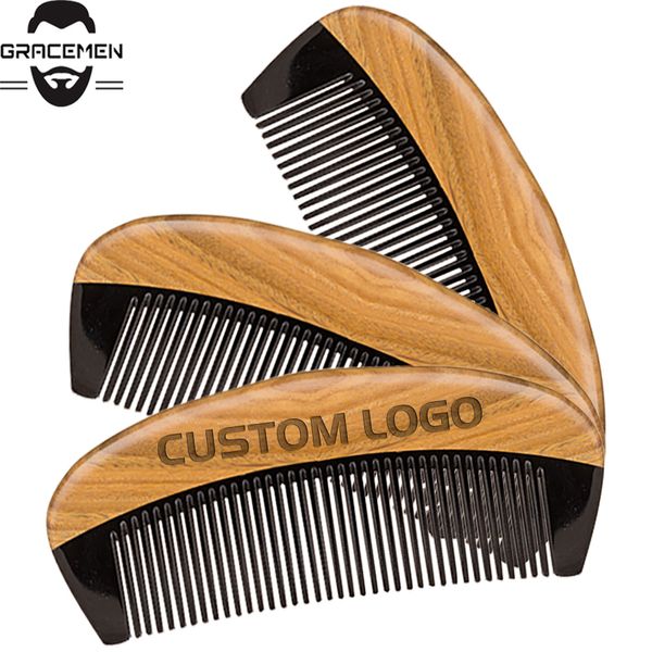 MOQ 50 PCS LOGOTIPO personalizado Premium Sándalo verde con cuerno Peine para el cabello Antiestático Peines para barba de madera