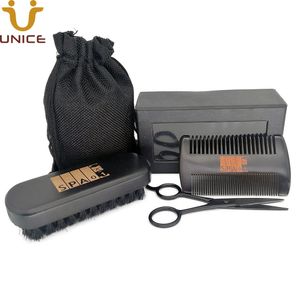 MOQ 100 pièces Kit de barbe noire brosses à cheveux en bois peigne à dents fines grossières ciseaux hommes outils de toilettage LOGO personnalisé dans une boîte-cadeau