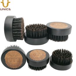 MOQ 50pcs OEM brosse à barbe en bois noir gravé au laser LOGO personnalisé hommes brosses à moustaches en bois rondes avec poils de sanglier