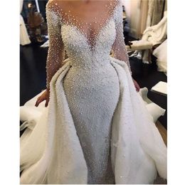 Mor Pearl Detachable Train Sheer Neck Long Sheeves Fashion Elegant Bride 2023 Bridal Jurk Arabisch romantische trouwjurk