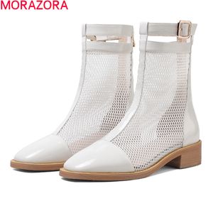 Morazora Collectie Zomer Laarzen Lederen Ademend Enkellaarzen Dames Lage Hak Square Teen Casual Dames Schoenen 210506