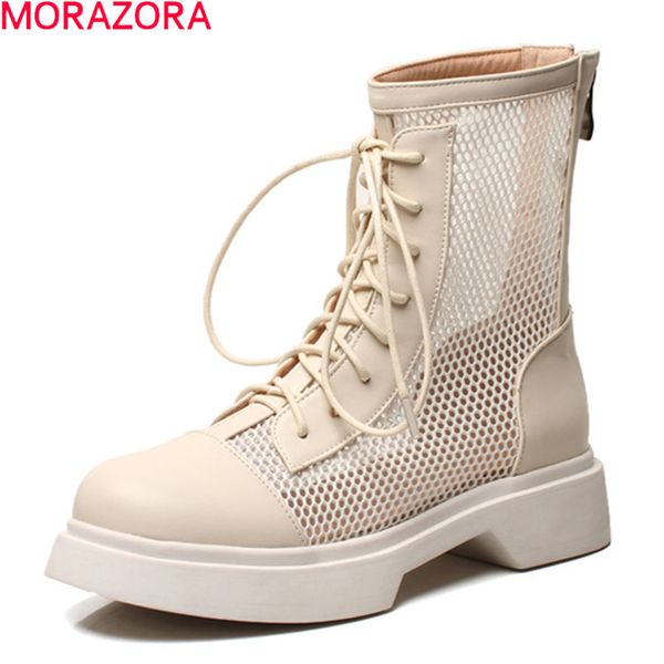 Morazora Tamaño grande 33-43 Botas de mujer Moda Lace Up Zapatos casuales cómodos Primavera Verano Botas de tobillo transpirables Beige Blanco 210506