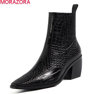 MORAZORA marque femmes bottes en cuir véritable bottes talons épais bout carré simple automne hiver dames chaussures noir 210506