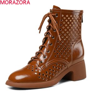 MORAZORA, botines de cuero genuino, zapatos informales de moda con cordones para mujer, botas de mujer de Color sólido para primavera y otoño, marrón 210506