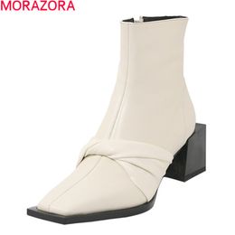 MORAZORA bottes en cuir véritable dames chaussures talons épais bout carré couleur unie bottines pour femme noir riz blanc 210506