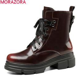 MORAZORA bottes en cuir véritable talons carrés bout rond dames chaussures mode à lacets confortables bottines pour femme 210506