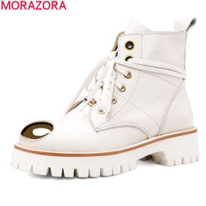 MORAZORA bottes en cuir véritable talons carrés bout rond décontracté dames chaussures mode à lacets hiver bottines femmes 210506