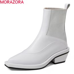 Morazora Bottes en cuir véritable Talons épais talons carrés Fashion Mode Chaussures Femmes Automne Hiver Black Blanc Bottines pour femme 210506