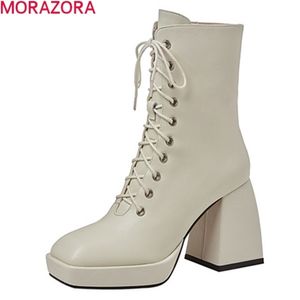 Morazora nieuwe echte lederen dames laarzen dikke platform laarzen dik hoge hakken vierkante teen veter up merk winter enkel laarzen 201102