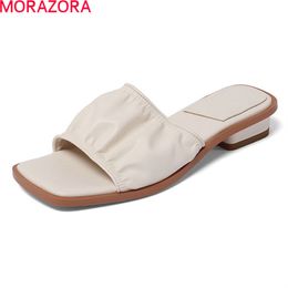 MORAZORA été arrivée femmes pantoufles talon bas bout carré dames chaussures décontractées haute qualité Mules chaussures Beige blanc 210506