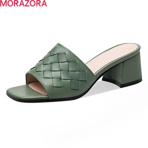 Morazora zomer lederen vrouwen slippers dikke hakken vierkante teen effen kleur dames muilezels schoenen mode casual schoenen 210506