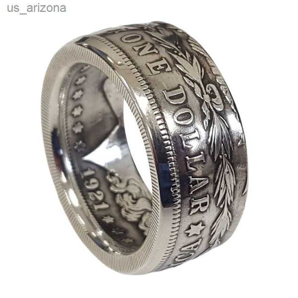 Morgan Silver Dollar Coin Ring 'Têtes' Argent Plaqué À La Main Femmes Hommes Vintage Punk Personnalité Coin Anneaux Bijoux De Mode L230620