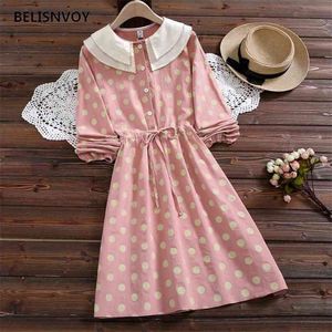 Mori Girl Herfst Lente Vrouwen Jurken Dubbellaags Kraag Elbise Lange Mouw Vintage Jurk Polka Dot Printed Femininos Vestido 210520