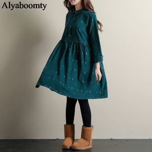 Mori Girl Automne Hiver Femmes Lolita Robe Bleu Vert Bande Dessinée Imprimer Casual Vestidos Preppy Mignon Kawaii Élégant Robes En Velours Côtelé T200320