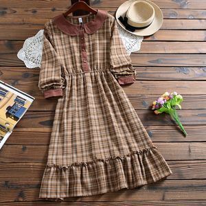 Mori Girl Cute Kawaii Mode Plaid Jurk Herfst Stijl Peter Pan Collar Lange Mouw Casual Jurk voor Dame