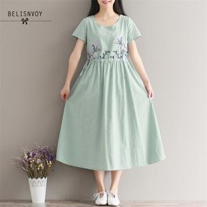 Mori Girl Broderie Floral Blanc Bleu Vert Robe d'été Coton Lin Lâche Femmes Robes décontractées Dames Femme Vintage Robes 210520