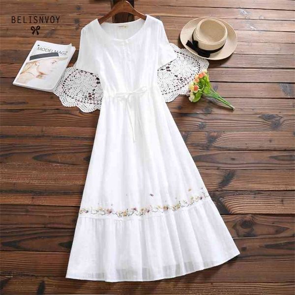 Mori Girl Floral bordado Midi Vestido mujer verano blanco algodón Lino manga corta elegante fiesta Vestido largo femenino 210520