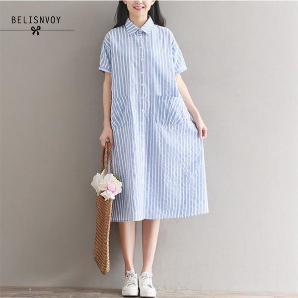 Mori Girl Plus Taille Summer Femmes Midi Chemise Robe Turn-Down Collier Bleu Plaid surdimensionné Coton Lin Vintage Élégant 210520