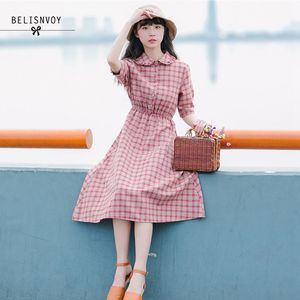 Mori Girl Summer Dress Moda Mujer Manga corta Plaid Vintage es Peter Pan Collar Mujer Algodón Lino Vestidos 210520