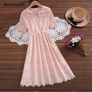 Mori fille robes d'été femmes perles Peter Pan Colalr abricot rose dentelle princesse Vestidos élégant évider fête 210520