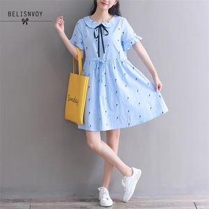 Mori Girl Summer Women Blue White Sweet Dresses Casual Losse-getailleerde Ropa Mujer Korte Mouw Elegant Vestidos 210520