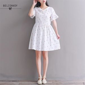 Mori Girl été femmes Chic robe courte col en v cerise imprimé décontracté femme Elbise coton lin élégant Kawaii Vestidos 210520