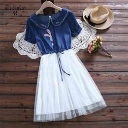 Mori meisje zomer vrouwen jurk zoete hart borduurwerk denim mesh patchwork mujer vestidos korte mouw schattige kawaii jurken 210520