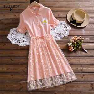 Mori Girl Summer Women Patchwork Mesh Dress Turn-Down Collar Cotton Little Daisy Floral Printed Sweet Party 210520