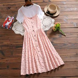 Mori Girl Summer Femmes Deux Pièces Ensemble Robe Élégante Mignon Coeur Rose Imprimé Doux Coton Lin Style Japonais Kawaii 210520