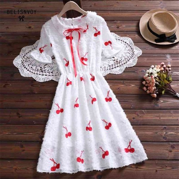 Mori Girl Sweet Summer Femmes Robe Baggy Col Claudine Blanc Broderie Cerise À Manches Courtes Mignon Kawaii es 210520