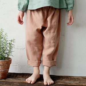 Mori rétro en lin en lin garçons et filles pantalons droits d'été Nouvelle taille élastique pantalon décontracté lâche avec pantalon pour enfants L2405