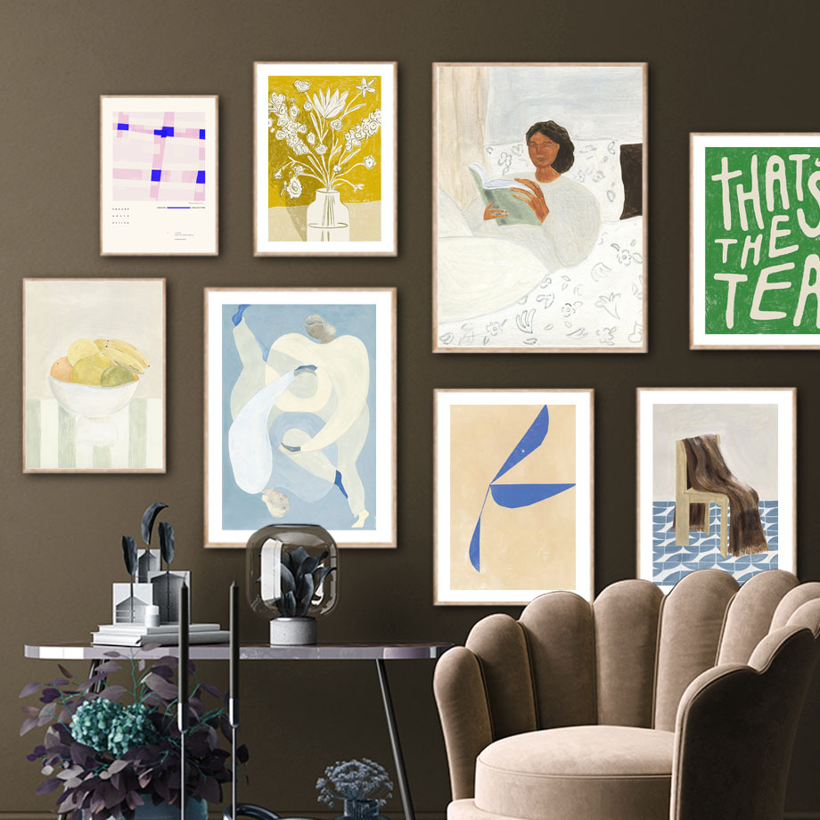 朝読む女の子の果物椅子抽象幾何学ラインウォールアートキャンバスペインティングポスターとプリントウォールピクチャーリビングルームの装飾