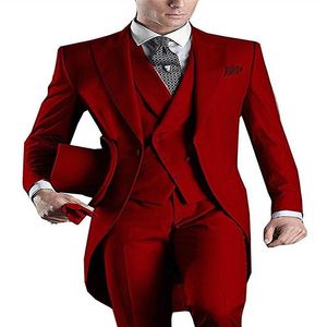 Morning Style Red Tailcoat Groom Tuxedos Eegant Men Wedding Wear Hombres de alta calidad Formal Prom Party SuitJacket Pants Tie Vest 9308H