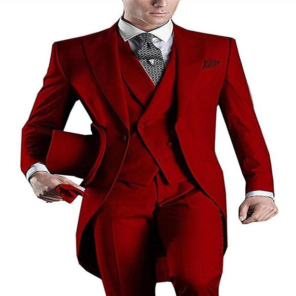 Morning Style Red Tailcoat Groom Tuxedos Eegant Men Wedding Wear Hombres de alta calidad Formal Prom Party SuitJacket Pants Tie Vest 9317f