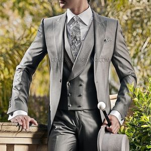 MorningTailcoat Style Hommes Costumes Revers Groom Tuxedos Argent Gris Meilleurs Hommes De Mariage Garçons D'honneur VestePantsVestTie E50 T200303