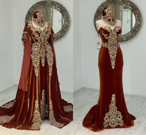 Caftan marocain, robes de soirée en velours marron, avec des appliques en dentelle dorée, robes de bal avec longue Cape enveloppante, 2023