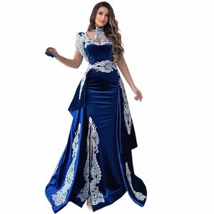 Caftan marocain soirée Dr Appliques dentelle Cap manches bleu royal sirène fente Veet arabe robes de bal fête Dr 2023 W8KU #