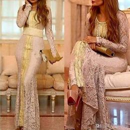 Marokkaanse Caftan Full Lace Lange Mouw Avond Formele Jurken 2020 Custom Make Gold Embroidery Kaftan Dubai Abaya Arabische Gelegenheid Prom-jurk