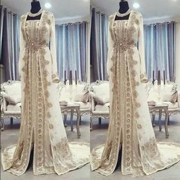 Marokkaanse Kaftan Kaftan Avondjurken Dubai Abaya Arabisch Lange mouwen Verbazingwekkend Goud Geborduurd Vierkante hals Gelegenheid Schoolfeest Formeel Go2868