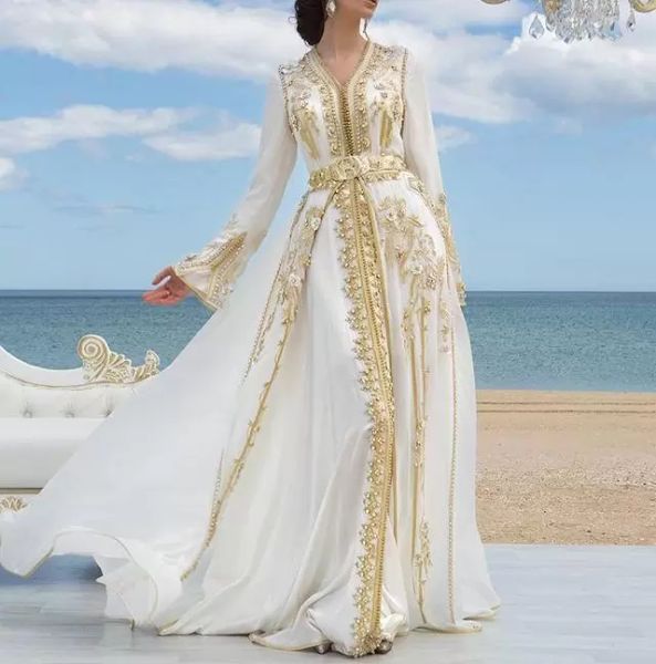 Marocain élégant arabe kaftan robes de soirée formelles appliques en dentelle dorée manches longues en mousseline de gamme