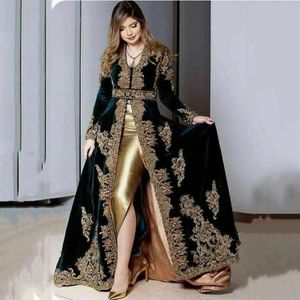 Marokkaanse Kaftan Elkadi Algerijnse A-lijn Fluwelen Avondjurken Split Goud Applicaties Kant Moslim Prom Formele Gowns Dubai Arabisch Wome198H