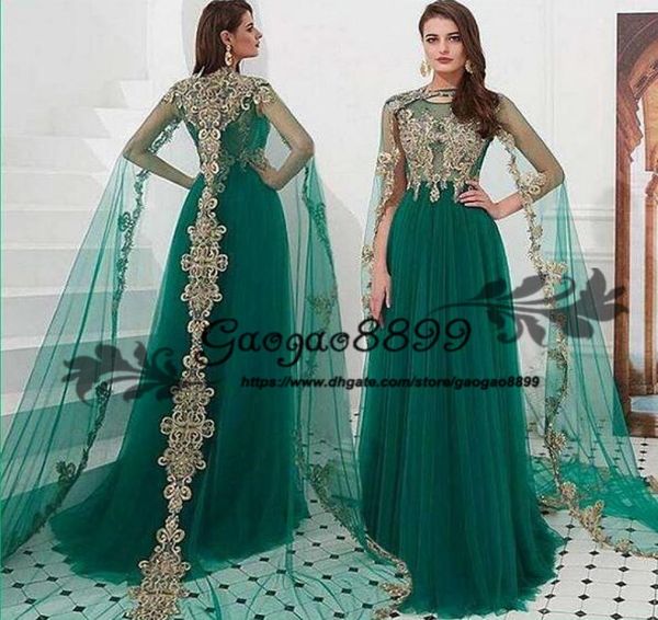 Robes de soirée Marocain Kaftan Dubai Abaya Arabe Long Wrap Gold Lace Applique Illusion Tulle Jewel Neck Special Occasion Prom FO2818560